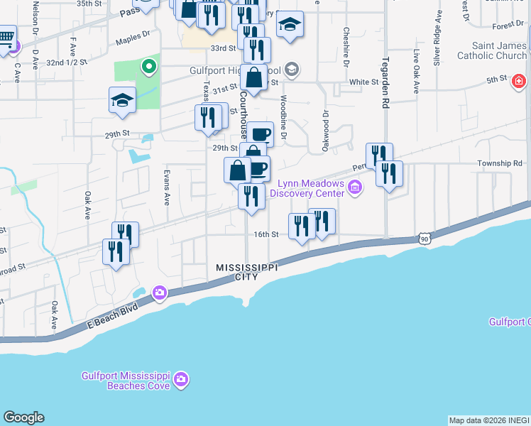 map of restaurants, bars, coffee shops, grocery stores, and more near 207 Palmetto Lane in Gulfport