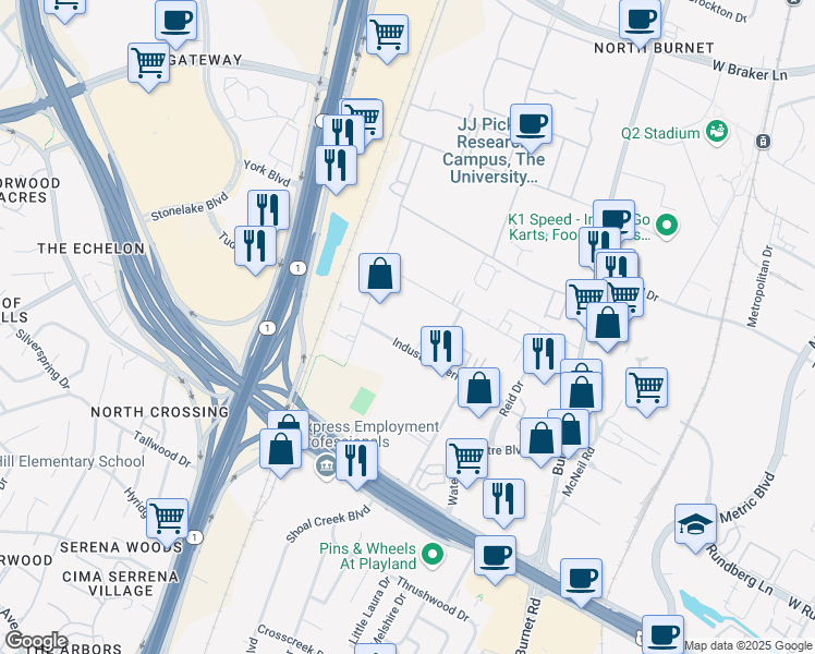map of restaurants, bars, coffee shops, grocery stores, and more near 3206 Industrial Terrace in Austin