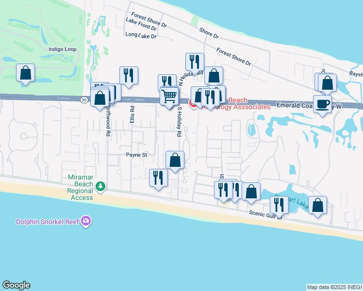 map of restaurants, bars, coffee shops, grocery stores, and more near 39 Saint Simon Circle in Miramar Beach