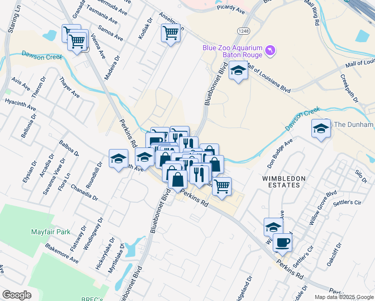 map of restaurants, bars, coffee shops, grocery stores, and more near 7601 Park Rowe Avenue in Baton Rouge
