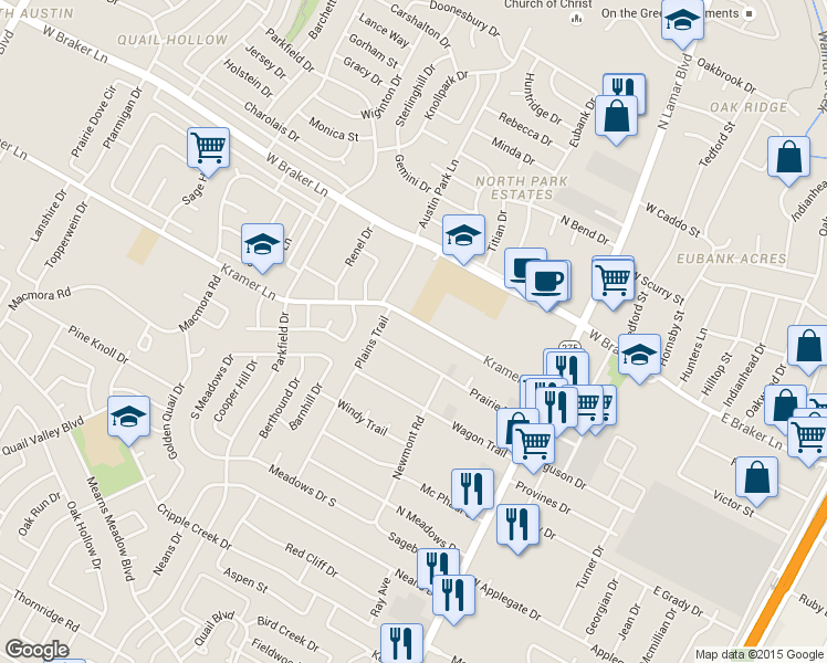 map of restaurants, bars, coffee shops, grocery stores, and more near 1101 Prairie Trail in Austin