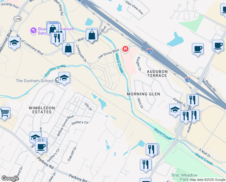 map of restaurants, bars, coffee shops, grocery stores, and more near 11811 Oak Shadow Dr in Baton Rouge