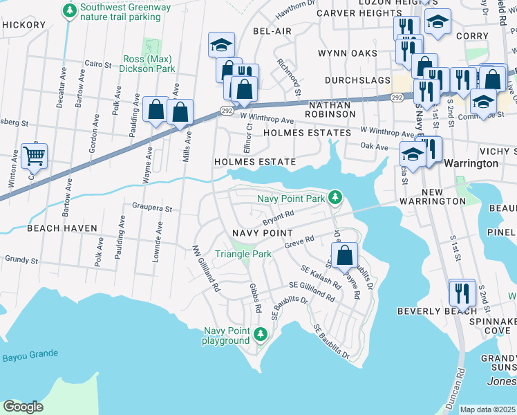map of restaurants, bars, coffee shops, grocery stores, and more near 304 Flannan Road in Pensacola