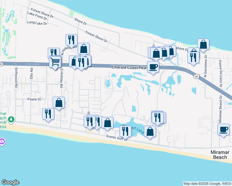 map of restaurants, bars, coffee shops, grocery stores, and more near 34 Golf Tee Lane in Miramar Beach