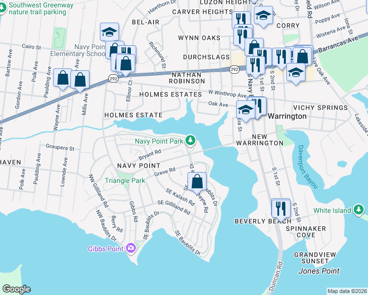 map of restaurants, bars, coffee shops, grocery stores, and more near 203 West Sunset Avenue in Pensacola