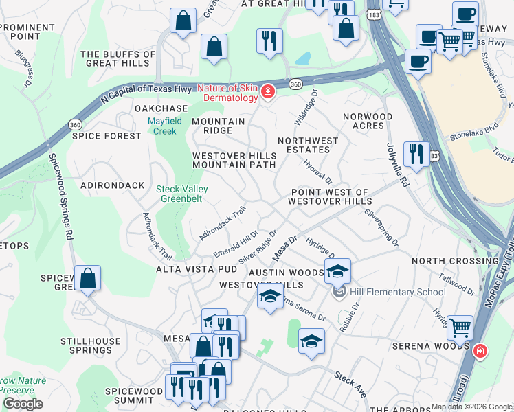 map of restaurants, bars, coffee shops, grocery stores, and more near 8602 Green Valley in Austin
