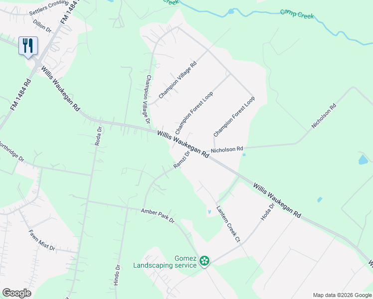 map of restaurants, bars, coffee shops, grocery stores, and more near 11422 Willis Waukegan Road in Conroe