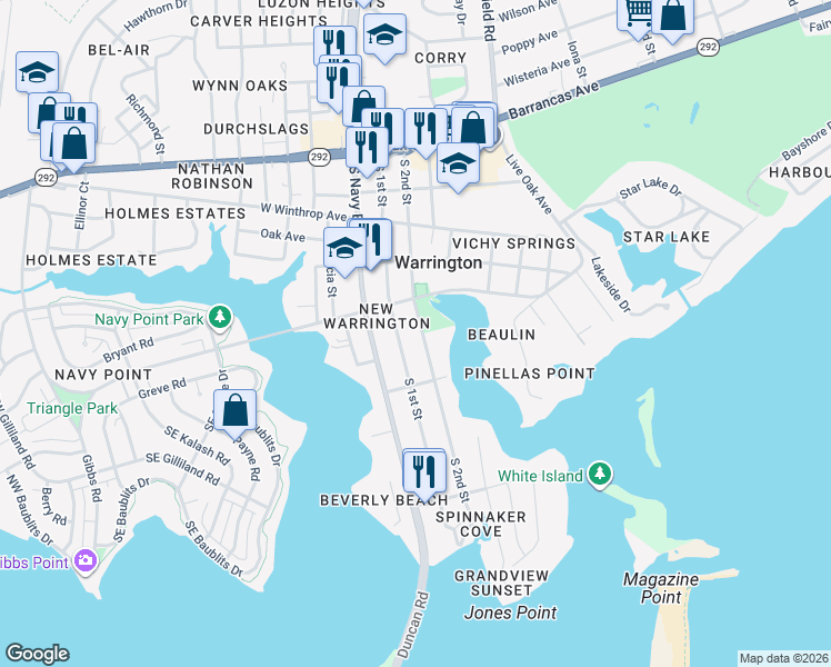 map of restaurants, bars, coffee shops, grocery stores, and more near 422 South 1st Street in Pensacola