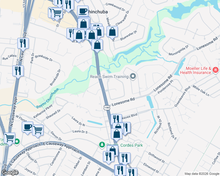 map of restaurants, bars, coffee shops, grocery stores, and more near 101 Cherry Creek Drive in Mandeville