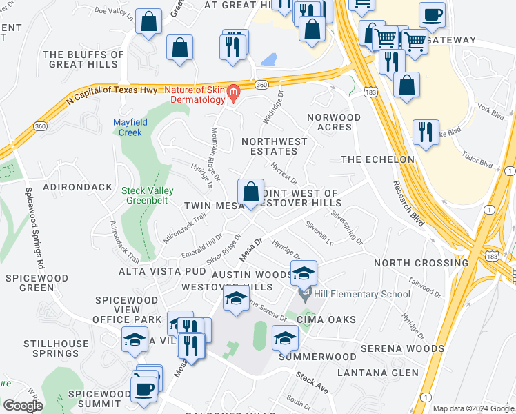 map of restaurants, bars, coffee shops, grocery stores, and more near 8704 Point West Drive in Austin