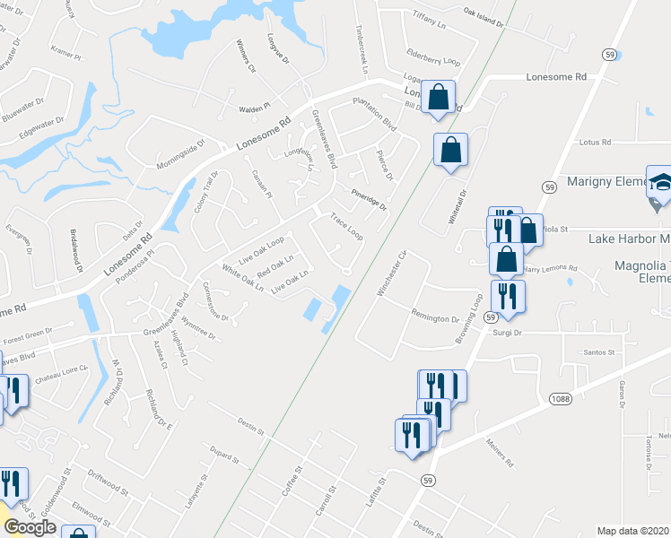 map of restaurants, bars, coffee shops, grocery stores, and more near 94 Trace Loop in Mandeville