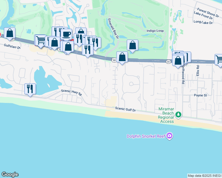 map of restaurants, bars, coffee shops, grocery stores, and more near 21 Jade Cove in Miramar Beach