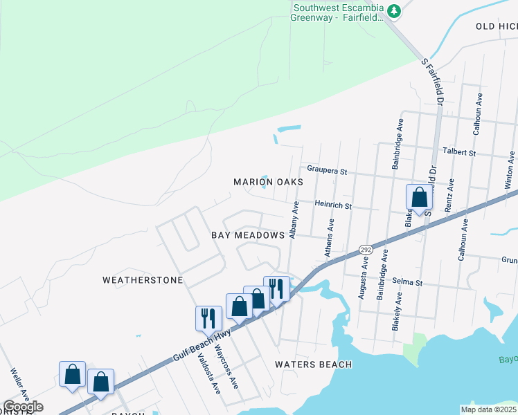 map of restaurants, bars, coffee shops, grocery stores, and more near 7775 Grundy Street in Pensacola
