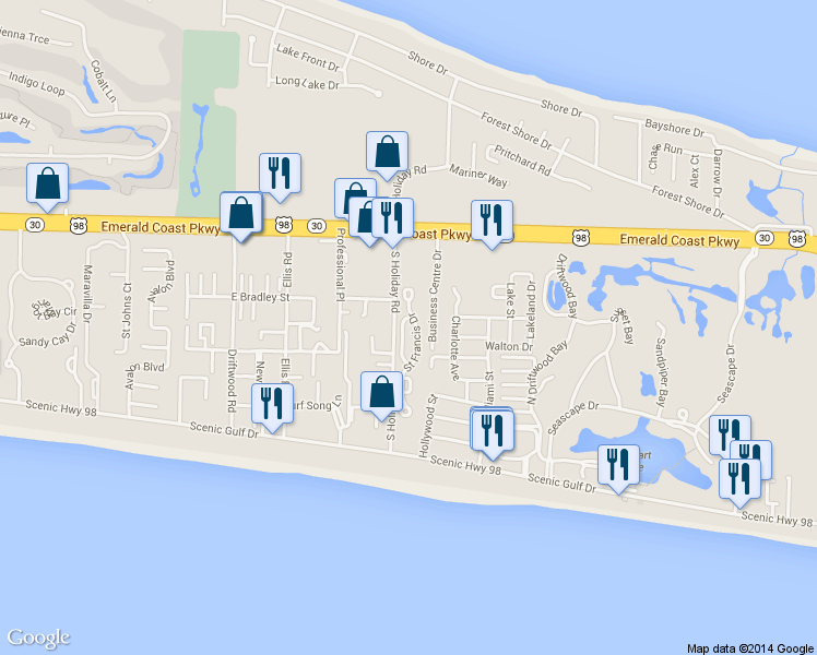 map of restaurants, bars, coffee shops, grocery stores, and more near 95 Saint Simon Circle in Miramar Beach