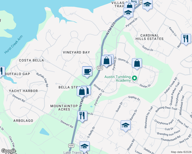 map of restaurants, bars, coffee shops, grocery stores, and more near 2000 Farm to Market 620 North in Austin