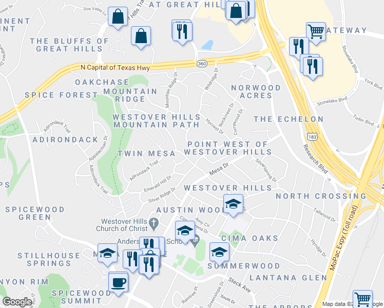 map of restaurants, bars, coffee shops, grocery stores, and more near 8706 Westover Club Drive in Austin