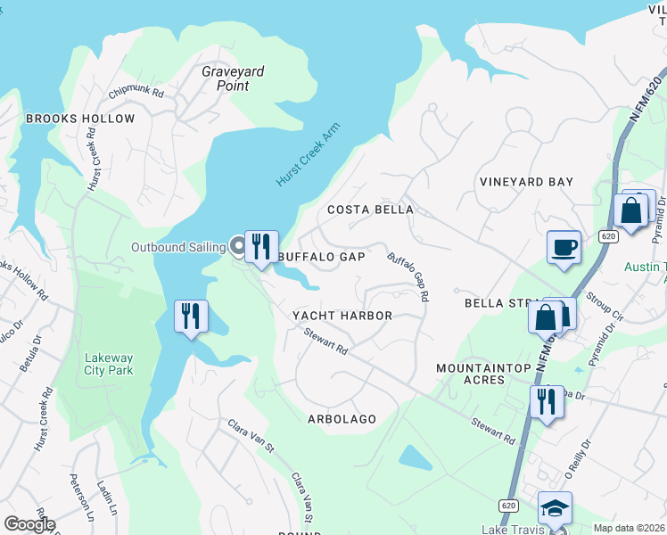 map of restaurants, bars, coffee shops, grocery stores, and more near 1464 Buffalo Gap Road in Austin