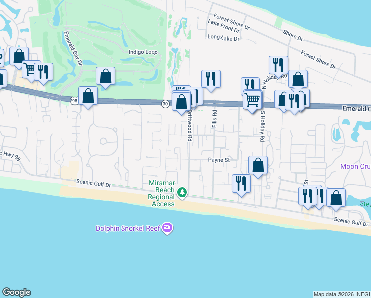 map of restaurants, bars, coffee shops, grocery stores, and more near 257 Driftwood Road in Miramar Beach