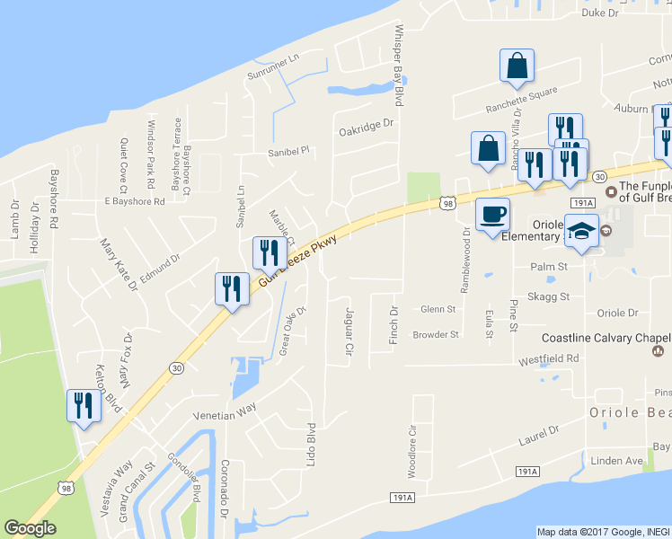 map of restaurants, bars, coffee shops, grocery stores, and more near 2822 Safari Court in Gulf Breeze