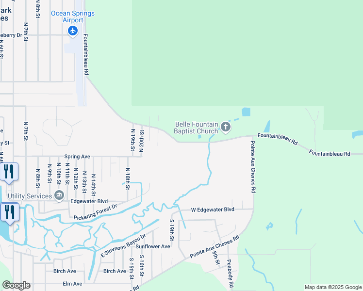 map of restaurants, bars, coffee shops, grocery stores, and more near 8101 Fountainbleau Road in Ocean Springs