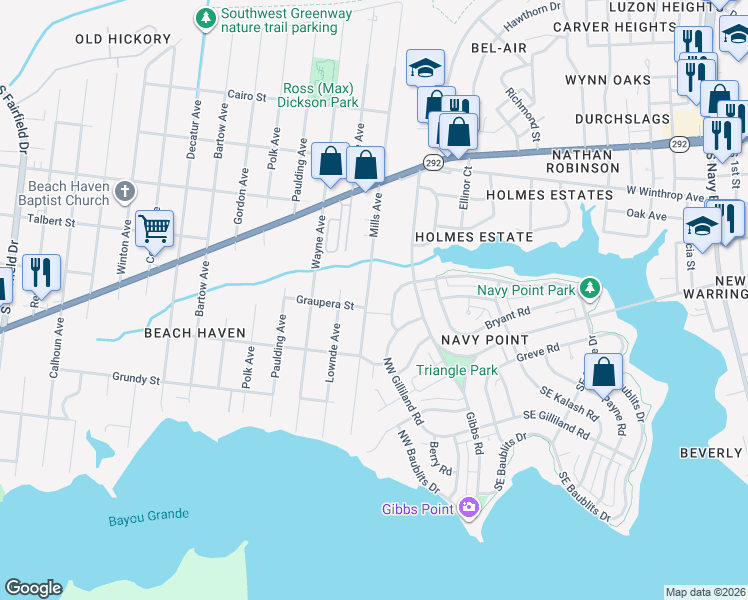 map of restaurants, bars, coffee shops, grocery stores, and more near 700 Mills Avenue in Pensacola