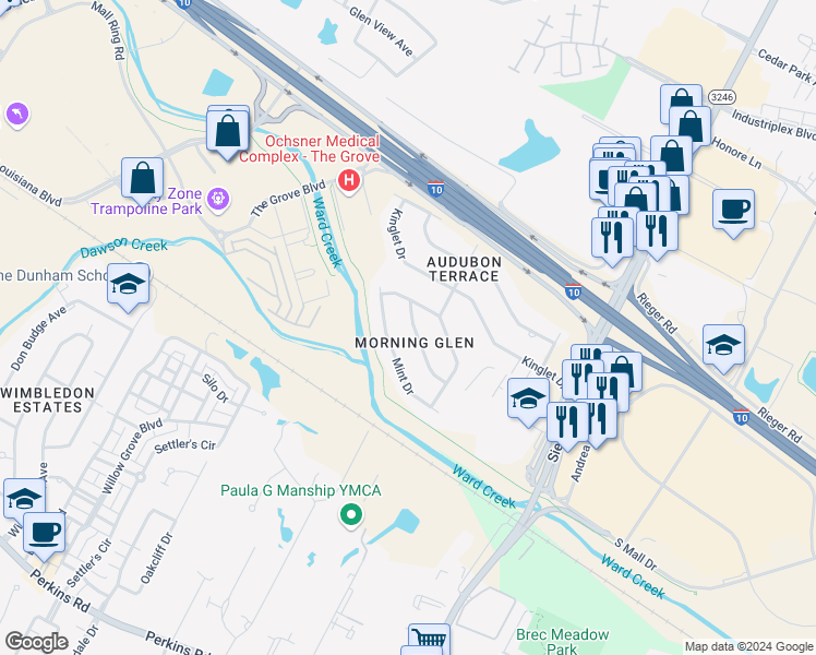 map of restaurants, bars, coffee shops, grocery stores, and more near 9852 Hawthorne Drive in Baton Rouge