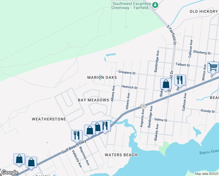 map of restaurants, bars, coffee shops, grocery stores, and more near 3305 Marion Oaks Way in Pensacola
