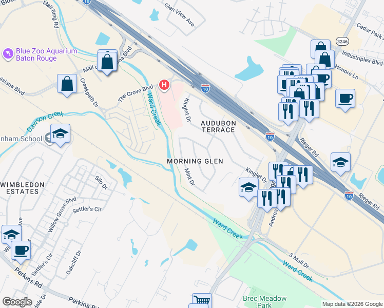 map of restaurants, bars, coffee shops, grocery stores, and more near 9822 Hawthorne Drive in Baton Rouge