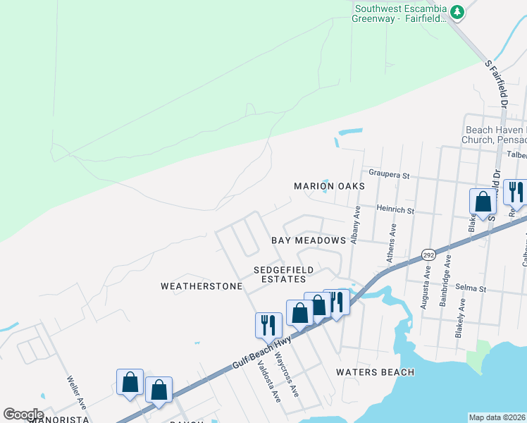 map of restaurants, bars, coffee shops, grocery stores, and more near 8146 Sedgefield Drive in Pensacola
