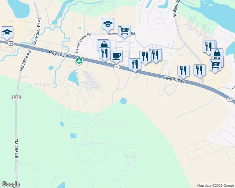 map of restaurants, bars, coffee shops, grocery stores, and more near 19731 Texas 105 in Montgomery