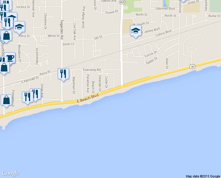 map of restaurants, bars, coffee shops, grocery stores, and more near 1200 Beach Drive in Gulfport