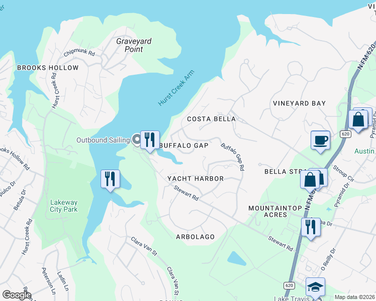 map of restaurants, bars, coffee shops, grocery stores, and more near 1464 Buffalo Gap Road in Austin
