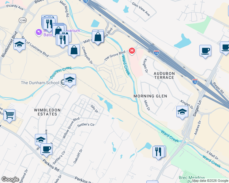 map of restaurants, bars, coffee shops, grocery stores, and more near 9714 Mint Dr in Baton Rouge