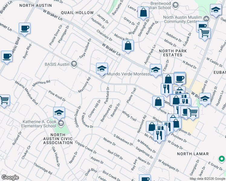 map of restaurants, bars, coffee shops, grocery stores, and more near 10904 Meadgreen Court in Austin