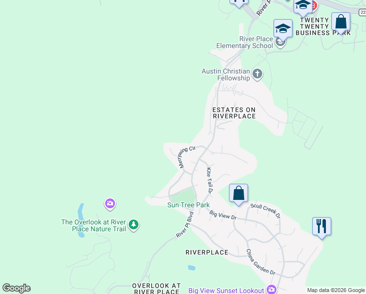 map of restaurants, bars, coffee shops, grocery stores, and more near 5424 Merrywing Circle in Austin