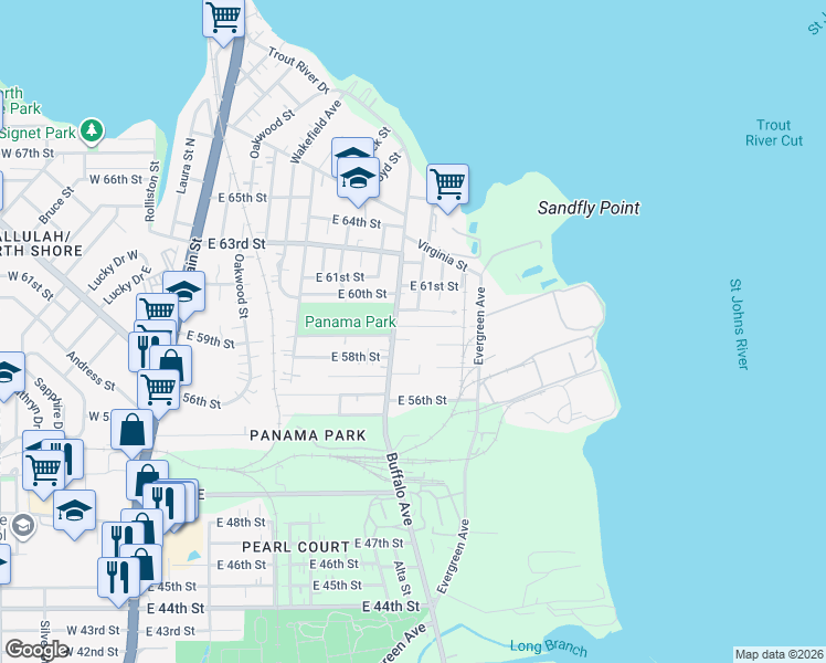 map of restaurants, bars, coffee shops, grocery stores, and more near 724 East 60th Street in Jacksonville