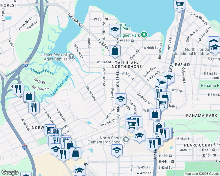 map of restaurants, bars, coffee shops, grocery stores, and more near 6835 Vermillion Street in Jacksonville