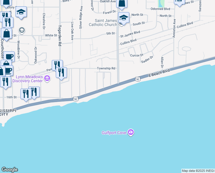 map of restaurants, bars, coffee shops, grocery stores, and more near 1200 Beach Drive in Gulfport