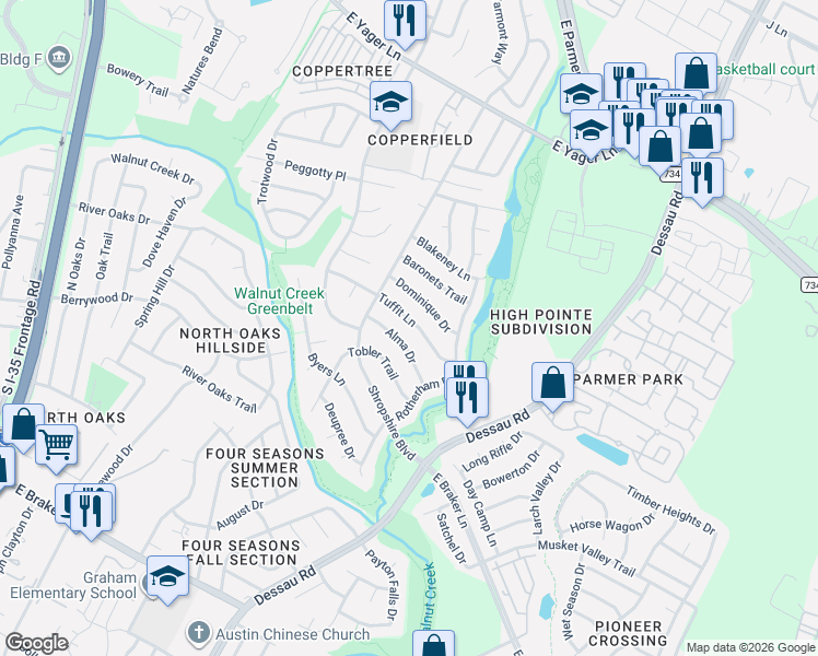 map of restaurants, bars, coffee shops, grocery stores, and more near 1405 Dominique Drive in Austin