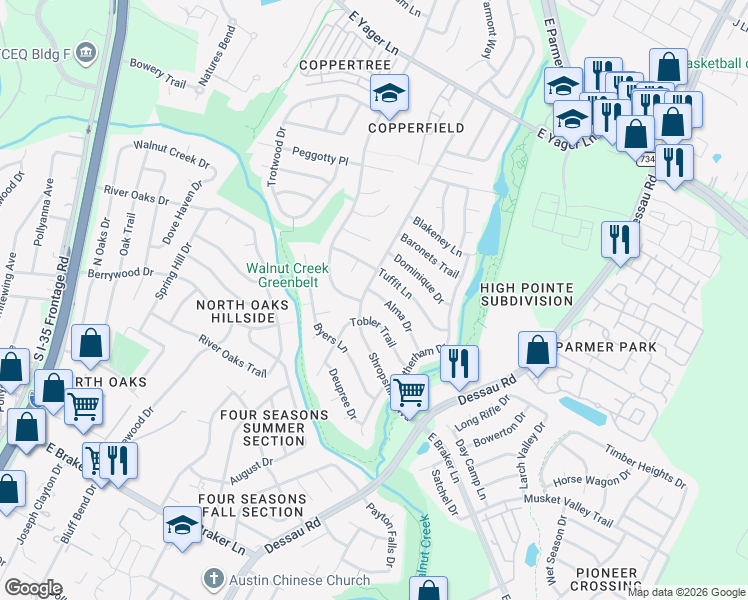 map of restaurants, bars, coffee shops, grocery stores, and more near 1302 Alma Drive in Austin