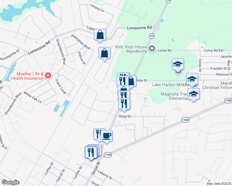 map of restaurants, bars, coffee shops, grocery stores, and more near 147 Gallier Court in Mandeville