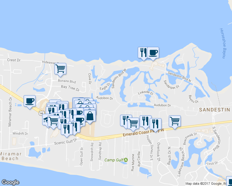 map of restaurants, bars, coffee shops, grocery stores, and more near 300 Sandestin Boulevard West in Miramar Beach