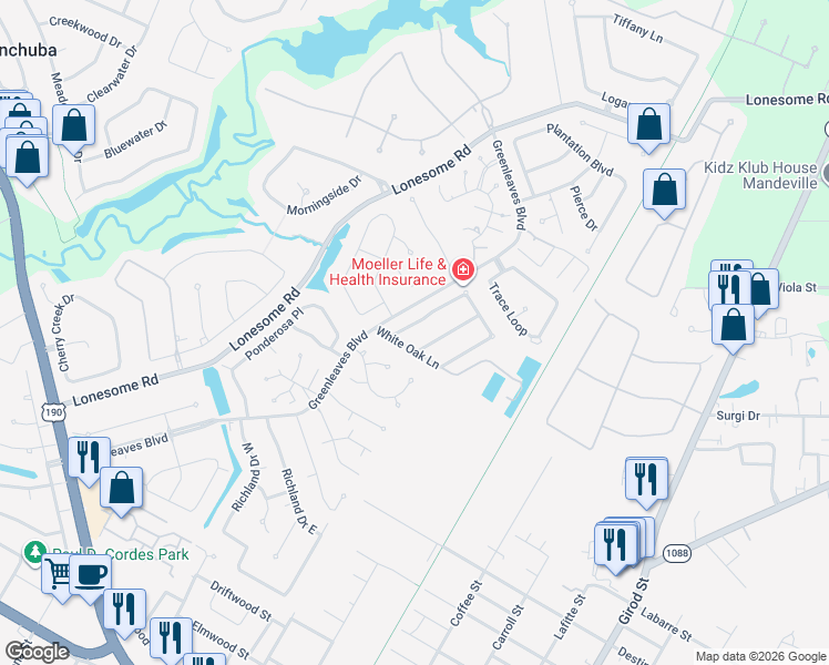 map of restaurants, bars, coffee shops, grocery stores, and more near 1014 Live Oak Loop in Mandeville