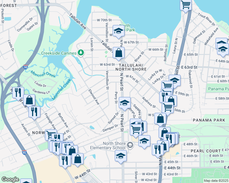 map of restaurants, bars, coffee shops, grocery stores, and more near 6830 Perry Street in Jacksonville