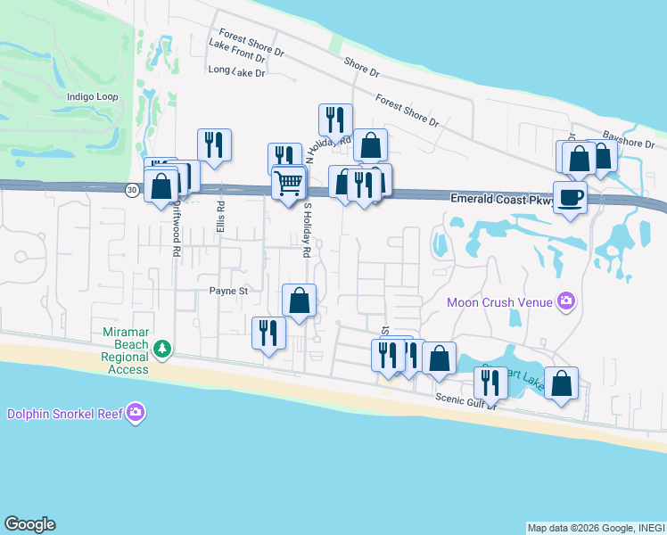 map of restaurants, bars, coffee shops, grocery stores, and more near 281-73 Business Centre Drive in Miramar Beach