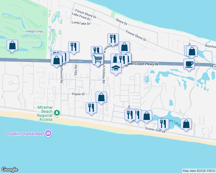 map of restaurants, bars, coffee shops, grocery stores, and more near 13 Hatchew Road in Destin