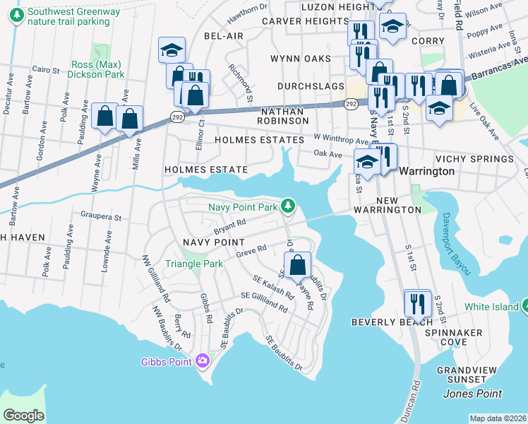 map of restaurants, bars, coffee shops, grocery stores, and more near 207 Northwest Syrcle Drive in Pensacola