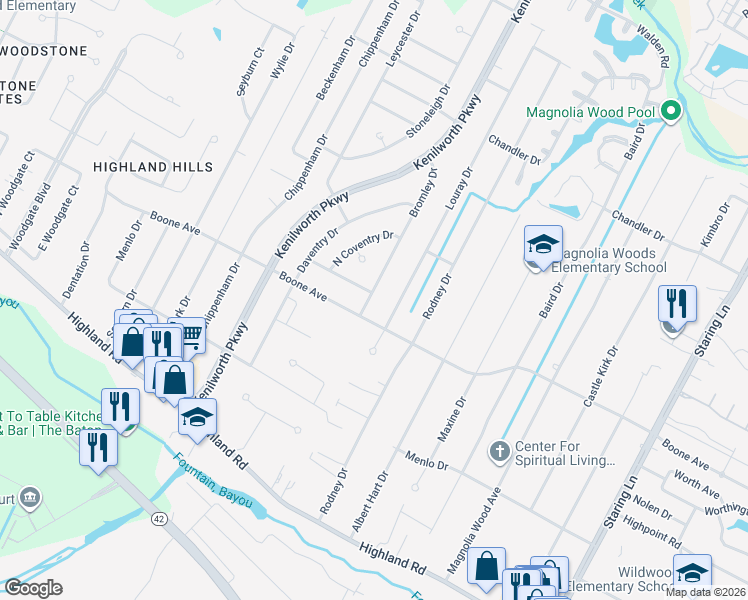 map of restaurants, bars, coffee shops, grocery stores, and more near 680 Bromley Drive in Baton Rouge
