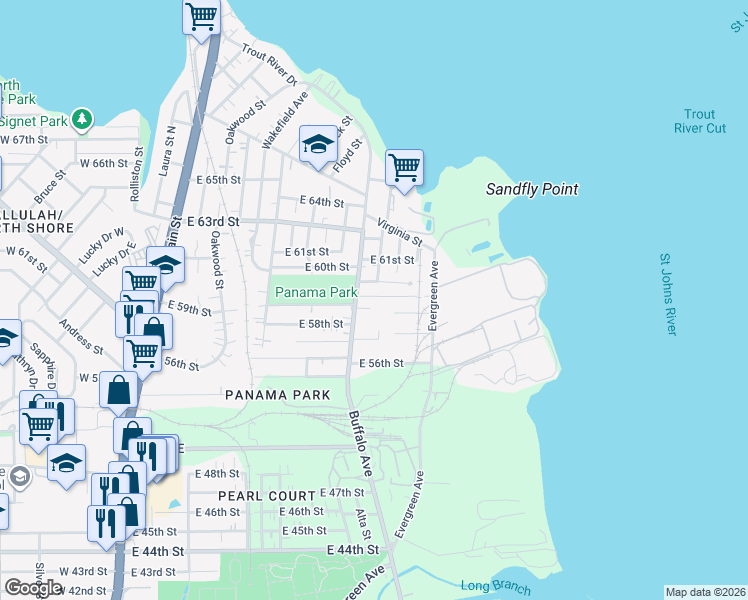 map of restaurants, bars, coffee shops, grocery stores, and more near 724 East 60th Street in Jacksonville