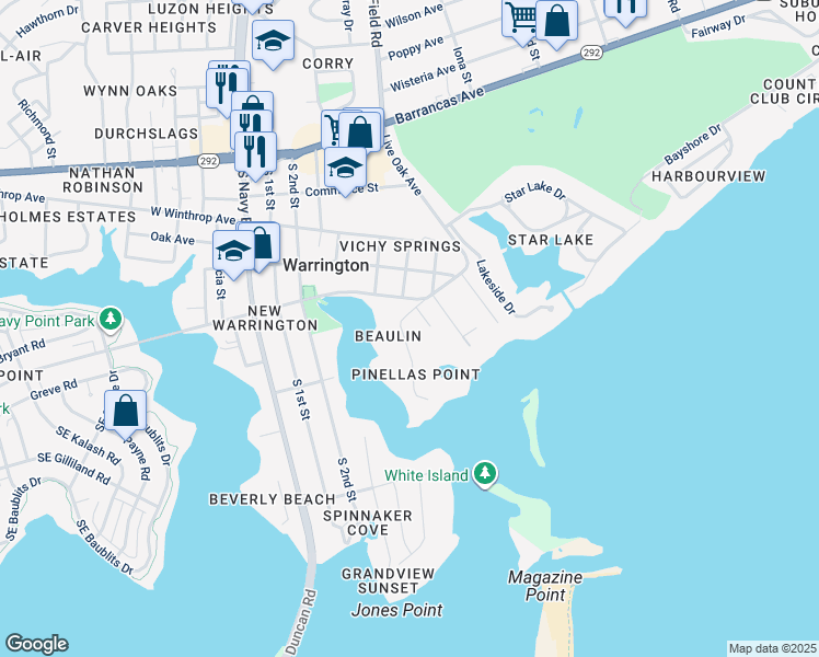 map of restaurants, bars, coffee shops, grocery stores, and more near 408 Creary Street in Pensacola
